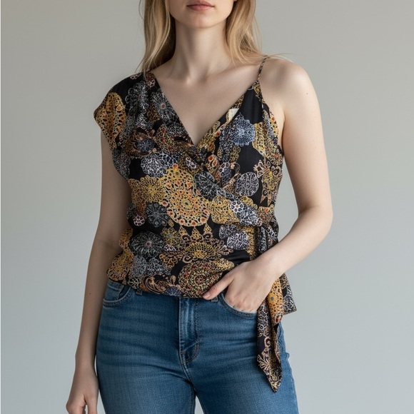 Artelier Nicole Miller Tops - Atelier Nicole hiller 90’s -Y2K, black silk asymmetrical with medallion print